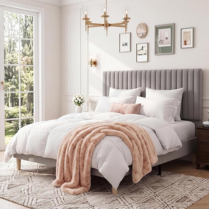GAOMON Queen Bed Frame with Adjustable Headboard, Velvet Upholstered Platform Queen Size Bed Frame, Vertical Channel Tufted, Strong Wooden Slats, No Box Spring Needed, Easy Assembly, Grey