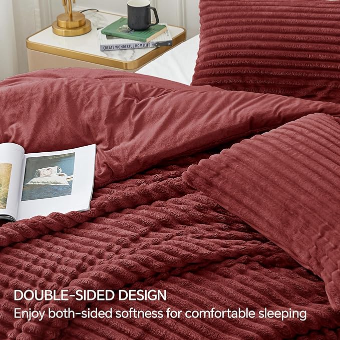BEDELITE Fleece California King Comforter Set -Super Soft & Warm Fluffy Burgundy Bedding, Luxury Fuzzy Heavy Bed Set for Winter with 2 Pillow Cases