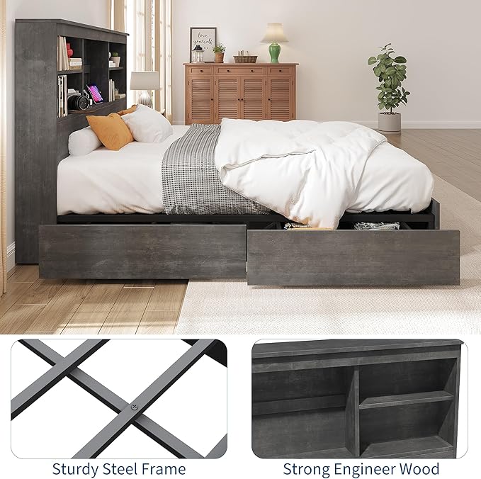 IDEALHOUSE Queen Bed Frame with Storage Headboard, Wooden Bed Frame with Charging Station, Storage Bookcase & Queen Size Platform Bed with 4 Drawers, No Box Spring Needed, Noise-Free, Ink