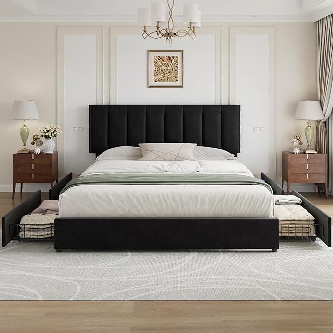 VECELO King Size Bed Frame with 4 Storage Drawers, Adjustable Height Headboard, Heavy-Duty Bedframe with Strong Wooden Slats, No Box Spring Needed, Black