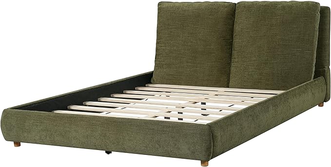 Merax Queen Size Boucle Fabric Upholstered Platform Bed with Two Removable Pillow Headboard, Wood Bed Frame with Solid Round Legs for Kids Teens Adults, Olive Green