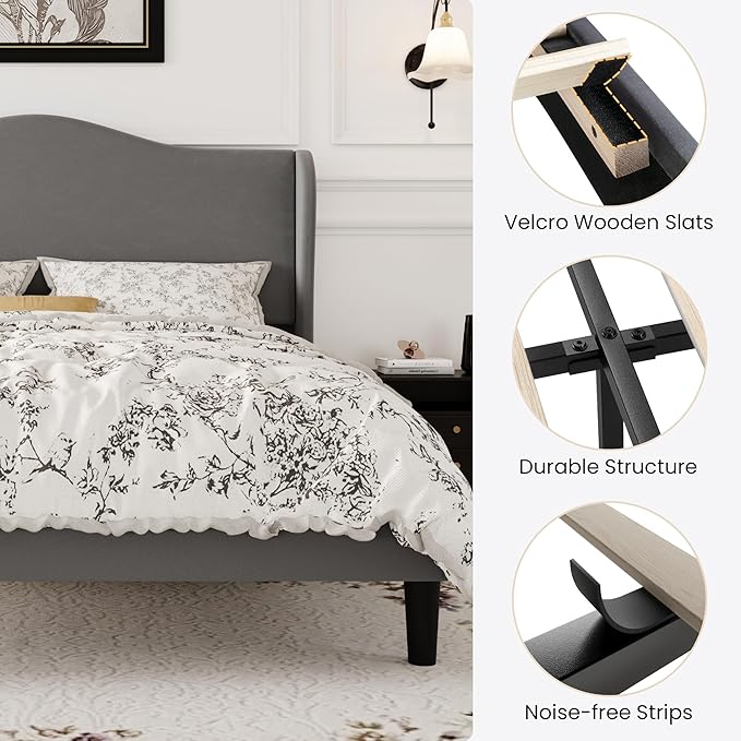SHA CERLIN King Size Velvet Platform Bed Frame with Elegant Wingback Headboard, Modern & Luxurious Design, Sturdy Wooden Slats, No Box Spring Required, Easy Assembly, Noise-Free, Soft Grey