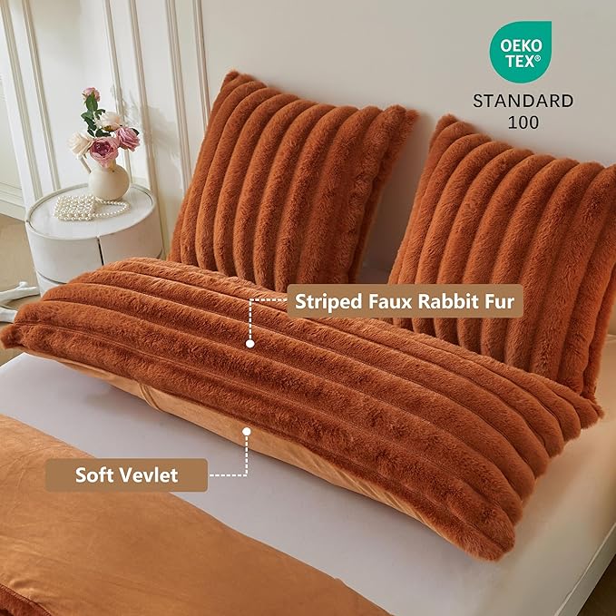 MEGO Fluffy Faux Rabbit Fur Body Pillow Cover, Soft Comfy Furry Striped 20x54 Bed Body Pillowcase, Plush Fuzzy Ribbed Bedroom Long Pillow Case with Zipper for Adults Kids Girls Teens, Burnt Orange
