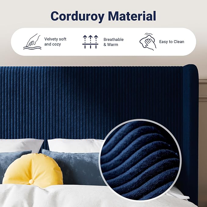 Allewie King Size Bed Frame with Upholstered Wingback Headboard, Vertical Channel Tufted Corduroy Velvet Platform Bed, Strong Wooden Slats Support, No Box Spring Needed, Easy Assembly, Dark Blue