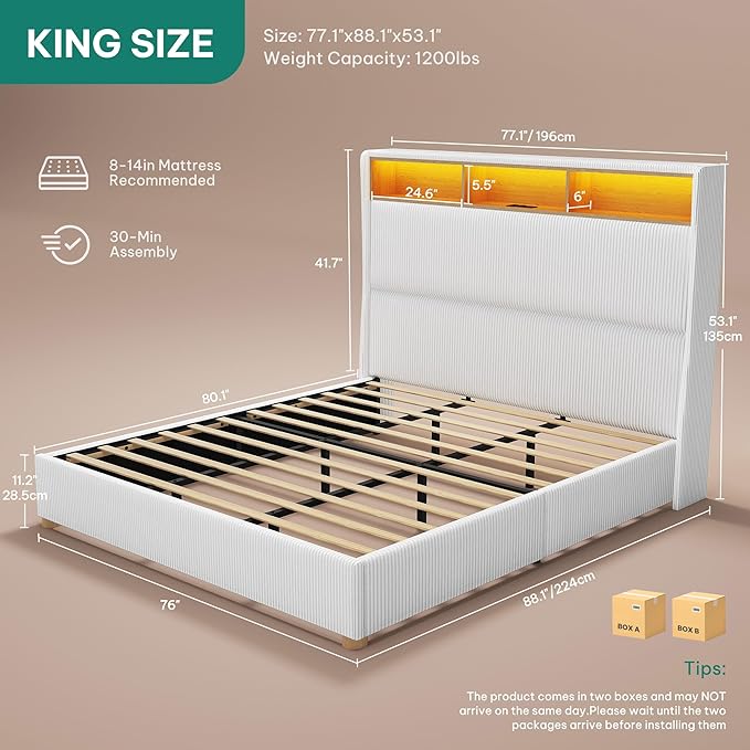 YITAHOME King Size Corduroy Upholstered Platform Bed Frame with Charging Station and RGB LED Lights, 53’’ Tall Storage Wingback Headboard, No Box Spring Needed, Easy Assembly, Noise-Free, White