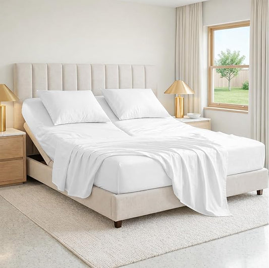 SGI bedding 32" King Split Top Flex Head Sheet 100% Egyptian Cotton Sheet Set 1000 Thread Count Flex Top Sheet for Adjustable Bed 4Pc Sheet Set 15" Deep Pocket for Sleep Number Bed - White