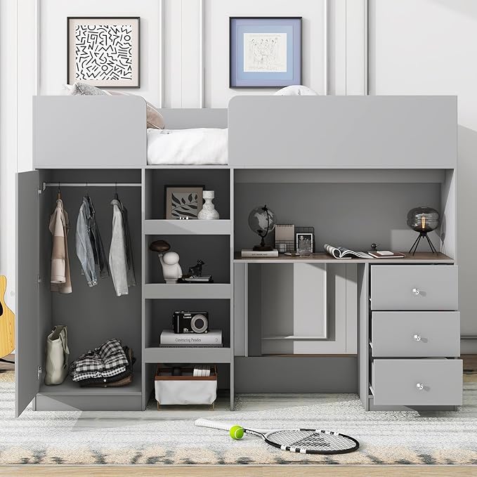 Harper & Bright Designs Full Size Loft Bed with Desk, Wood Full Loft Bed Frame with Built-in Wardrobe, Storage Shelves and Drawers, Gray