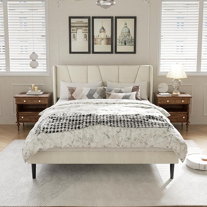 HAOARA Full Size Bed Frame with Headboard, Velvet Upholstered Platform Bed Frames, Contemporary Mattress Foundation, Noise Free, No Box Spring Needed, Easy Assembly, Beige