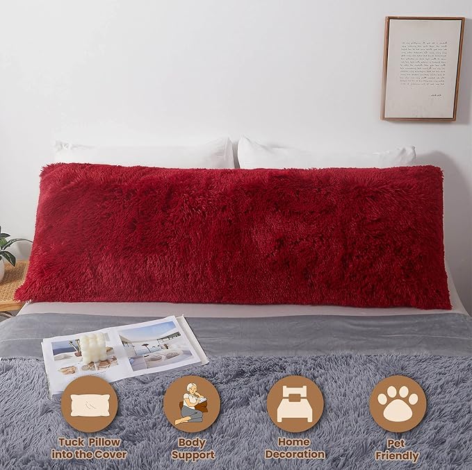 MEGO Luxury Fluffy Body Pillow Cover, 20x54 Shaggy Faux Fur Body Pillow Case, Red Soft Plush Fuzzy Body Pillowcase, Decorative Furry Long Bed Pillow with Zipper Closure Hug Pillow for Bedroom Red