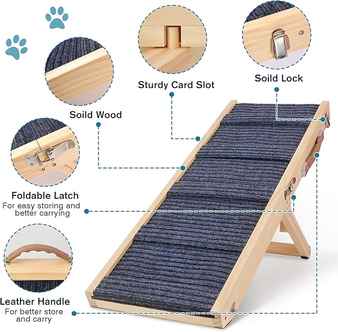 Dog Ramp for Bed, Adjustable Height 10" to 19.5" (5 Levels) Folding Ramp for Dogs to Get on Bed, Solid Wood Dog Ramps for Small Dogs Senior Dogs, Non-Slip Waterproof Easy Storage for Bed Couch