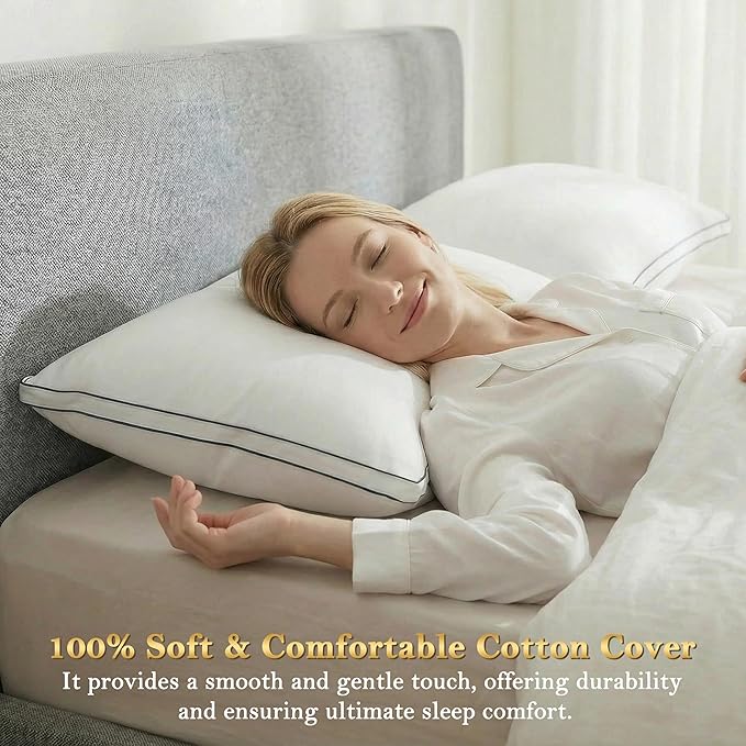 Feather Pillows Queen Size Set of 2 Goose Down Pillows with 100% Breathable Cotton Cover, Hotel Collection Bed Pillows for Sleeping, Soft Support for Back, Stomach and Side Sleepers