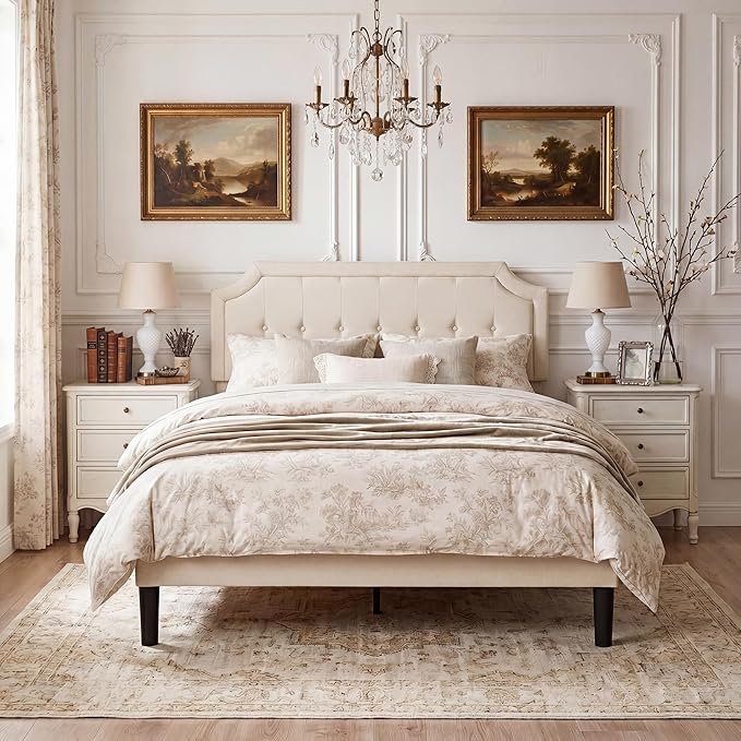 VECELO Queen Upholstered Platform Bed Frame with Adjustable Button Stitched Panel Headboard,Strong Wood Slat Support,Velcro Design,Mattress Foundation/Easy Assembly,Beige