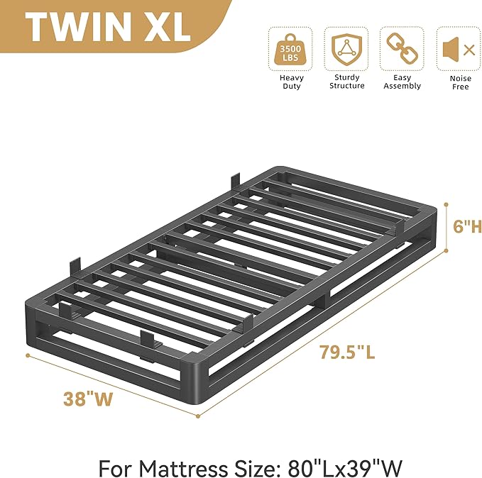 6 Inch Twin XL Bed Frame with Rounded Corner and Squeak Free U-Slot Design, Metal Platform Bed Frames 6 Non-Slip Guards, 3500lbs Heavy Duty Steel Slat Support, No Box Spring Needed, Black