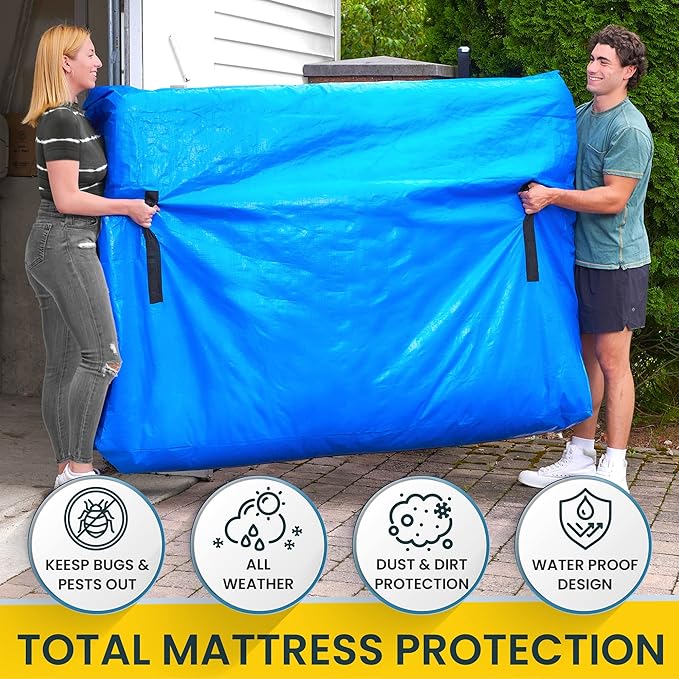 (Full) 10 Mil Thick - Moving and Storage Mattress Bag w Zipper and 8 Carrying Handles - Waterproof - UV Resistant - Heavy Duty - Long Lasting (Blue, Full)