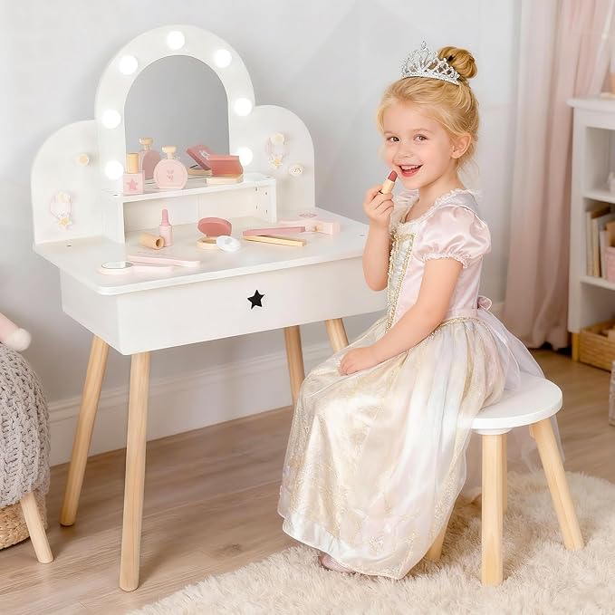 Leeshyah Kids Vanity Set for Little Girls with Touch-Button 3-Color Light Mirror, Wooden Pretend Play Makeup Table with 11 Accessories, Toddler-Sized Beauty Desk for Ages 3+