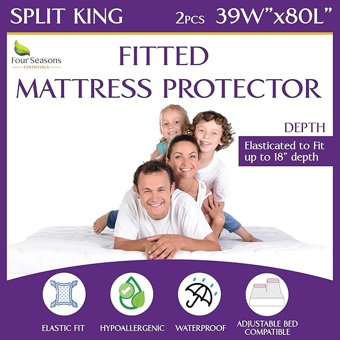 Split King Waterproof Mattress Protector (2pcs 39"x80") - Fitted Sheet Mattress Cover with Deep Pockets - Hypoallergenic, Breathable, Water Proof, Noiseless, Vinyl Free
