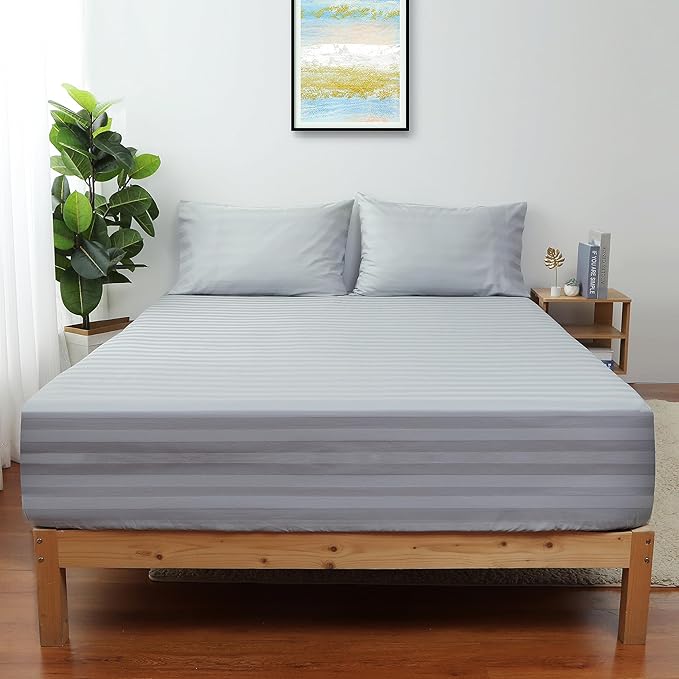 2-Pack Pure Cotton Twin XL Fitted Sheet for Adjustable Bed Split King, 600 TC 16" Deep Pocket Egyptian Cotton Fitted Sheet (2pcs, Twin XL, Stripted Gray)
