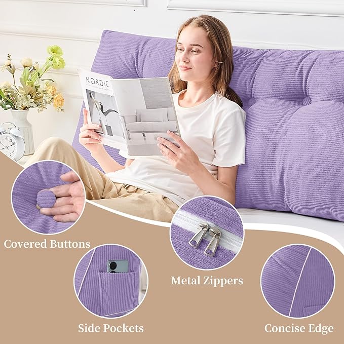 Sasttie Headboard Pillow King, Wedge Pillow Headboard for Sitting Up in Bed, Back-Rest Support Triangular Cushion for Reading - Features Removable Washable Cover, Purple