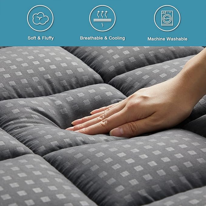 HYLEORY California King Mattress Pad Quilted Fitted Mattress Protector Cooling Pillow Top Mattress Cover Breathable Fluffy Soft Mattress Topper with 8-21" Deep Pocket, Dark Grey