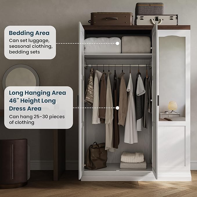 ANCTOR 3 Door Armoire Wardrobe Closet with Mirror, Large Wardrobe Closet with Doors, White Armoire for Bedroom with Hanging Rods & Shelves for Long Clothing, Short Clothing and Stacking, Modern