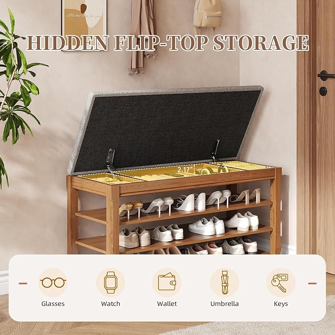 SolidWood Entryway Shoe Storage Bench, Flip-Top Soft-Close Lid, Adjustable Shelves, Cushioned Entryway Shoe Rack Organizer,Hallway, Closet, Foyer 39.4''