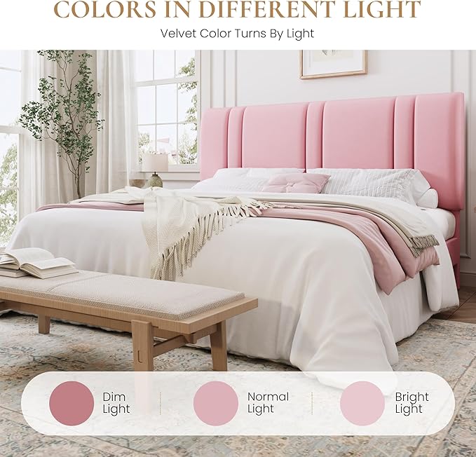 SHA CERLIN King Size Platform Bed Frame, Velvet Upholstered Bed with Adjustable Headboard, Vertical Channel Tufted Design, Sturdy Wood Slat Support, No Box Spring Needed, Easy Assembly, Pink