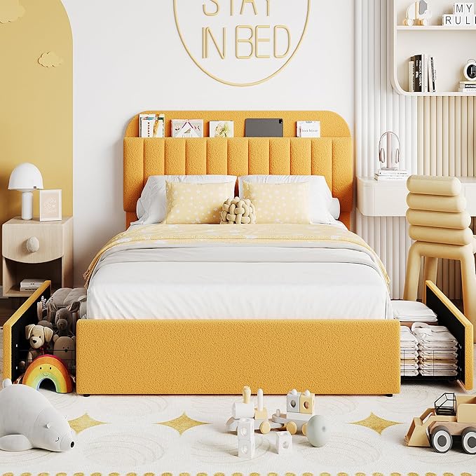 IDEALHOUSE Full Bed Frame with 2 Flexible Drawers and Bookcase Headboard, Boucle Upholstered Platform Bed for Boys, Noise-Free, Easy Assembly, No Box Spring Needed, Yellow
