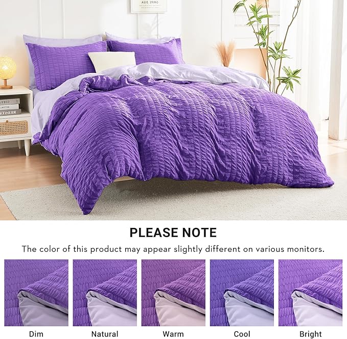 HYMOKEGE Dark Purple/Lavender California King Comforter Set Seersucker 7 Pieces, All Season Luxury Bed in a Bag for Bedroom, Bedding Set with Comforter, Sheets, Pillowcases & Shams