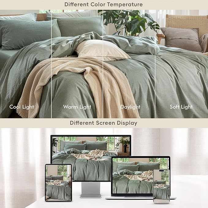 MooMee Bedding Duvet Cover Set 100% Washed Cotton Linen Like Textured Breathable Durable Soft Comfy (Heathered Green, Twin 68"x90")