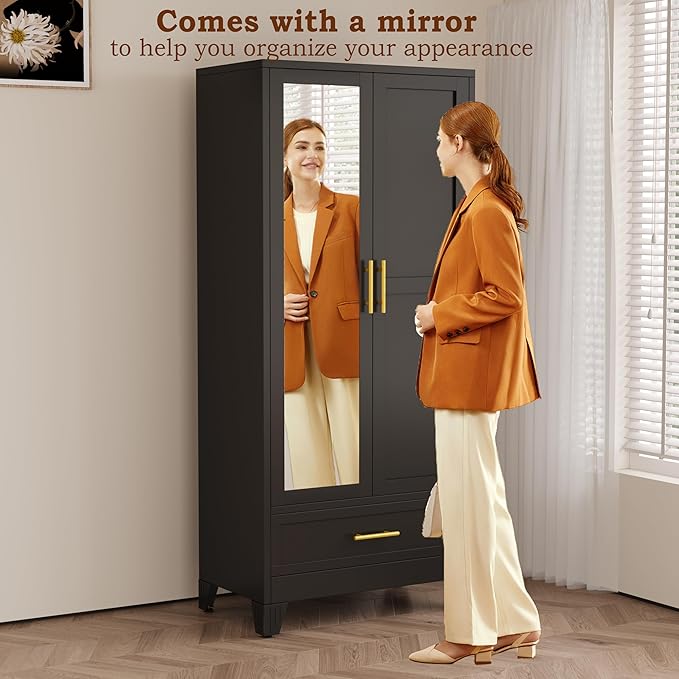 RIETERN Metal Armoire Wardrobe Closet, 71" Tall Bedroom Closet with Mirror, 1 Drawer, Adjustable Shelves, and Hanging Rod, Steel Clothes Closets and Storage, for Bedroom Black