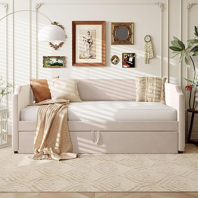 Merax Velvet Upholstered Daybed with Pop Up Trundle Twin to King Desigin, Twin Size Extendable Sofa Bed, Easy Assembly,No Box Spring Needed, Beige