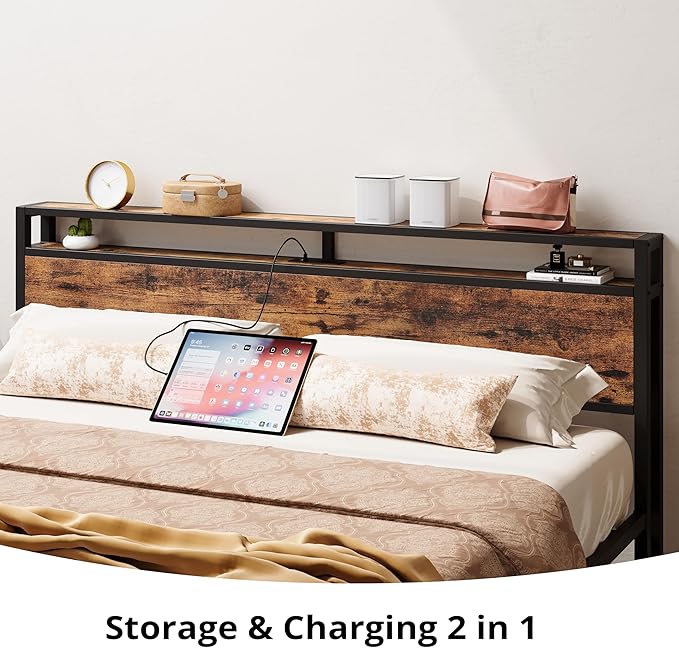 LIKIMIO California King Bed Frame with Storage Headboard, Platform Bed with Drawers and Charging Station, No Box Spring Needed, Easy Assembly, Vintage Brown