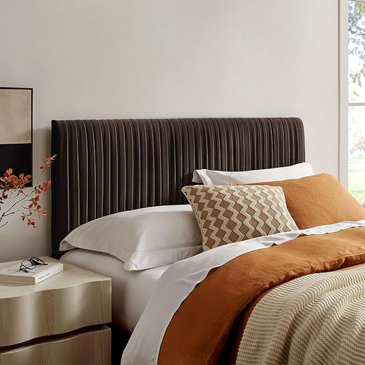 Modway Eloise Full Velvet Headboard with Ruched Details in Chocolate Brown - Modern Bed Headboard Only with Stain-Resistant Performance Upholstery, Height-Adjustable Mount