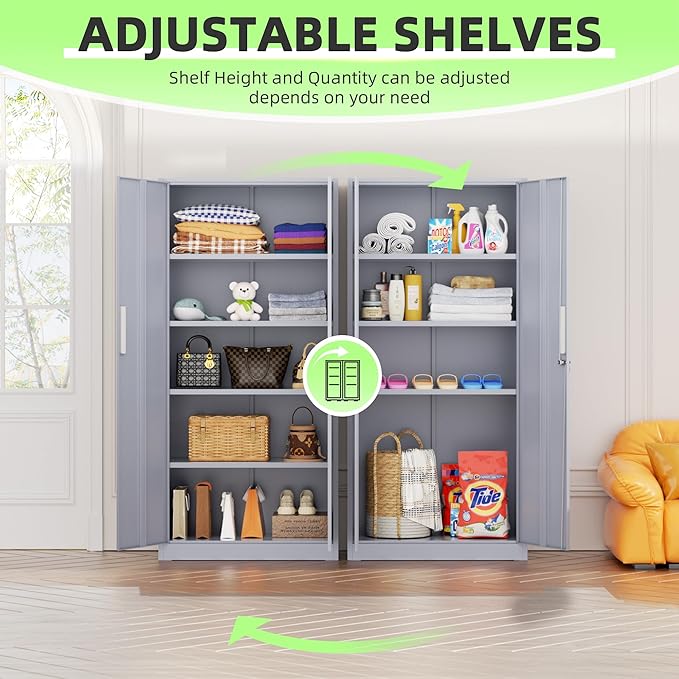 INTERGREAT Metal Lockable Storage Cabinet, 72” Storage Cabinet with 2 Doors and 4 Adjustable Shelves for Office, Home, Garage, Pantry (Assembly Required, Cement Gray)