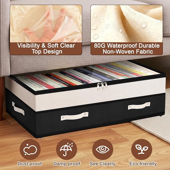 Dolicer 4 Pack Under Bed Storage with Wheels, 6in-10in Height Adjustable Underbed Storage Containers, 92L XXXL Under Bed Drawers Rolling Bin with Clear Lids for Dorm Shoes Clothes Organizers(Black)