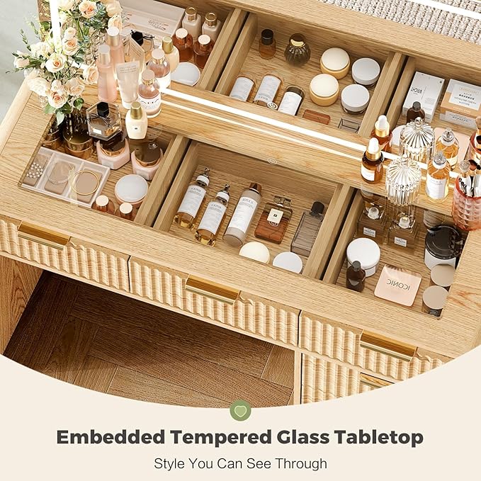 47“Makeup Vanity Desk with 44.8" Mirror and Lights, Vanity Desk with 7 Drawers, Makeup vanity table with a glass tabletop, 3 Color Modes & Adjustable Brightness Dressing Table, Bedroom,Oak515
