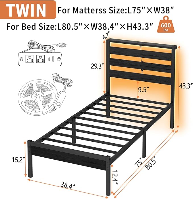 CLIBFENG Bed Frame Twin Size with USB Charging Station, LED Bed Frame with Wood Storage Headboard, Black Metal Platform Bed with Under Bed Storage, No Box Spring Needed, Noise Free