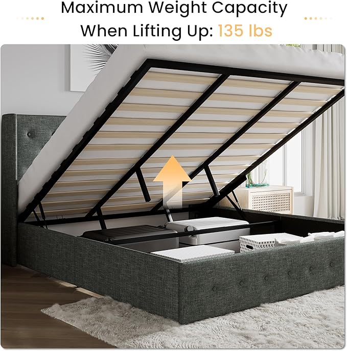 SHA CERLIN King Size Lift Up Storage Bed Frame,Button Tufted Wingback Headboard,Upholstered Platform,Hydraulic Storage,Wooden Slat Support,No Box Spring,Dark Grey
