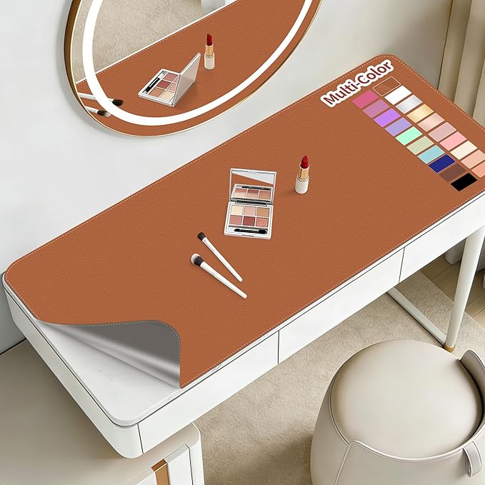 Makeup Mat for Vanity to Protect Desk Top 23.6 x 11.8 in, Dual-Sided Makeup Mat, Easy to Clean Desk Pad - Waterproof and Oilproof Vanity Accessories (Clay Brown and Dark Grey)
