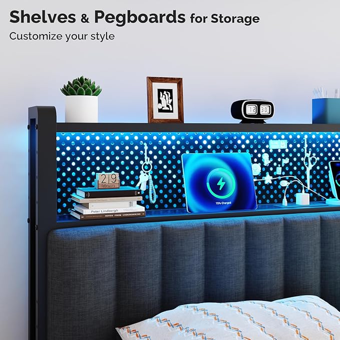 VINGLI Full Size Headboard with 2 Shelves, Adjustable Upholstered Headboard with Pegboard, Charging Stations and LED Lights, Modern Bed Headboard with Storage for Bedroom Decor, Dark Gray
