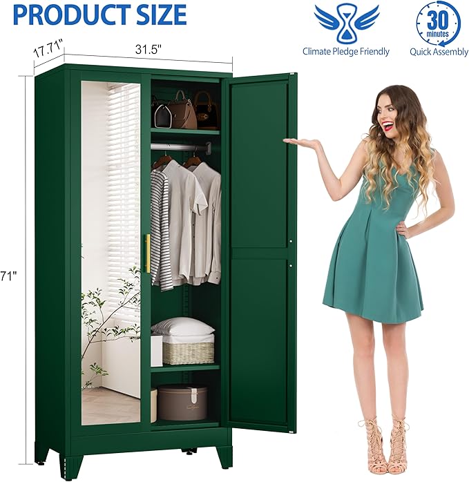 GAIOUS Metal Wardrobe Cabinet with Mirror and Hanging Rod, 71" Metal Clothing Storage Cabinets with 2 Doors and Adjustable Shelves, Green Armoire Wardrobe Closet for Bedroom, Laundry Room, Cloak Room