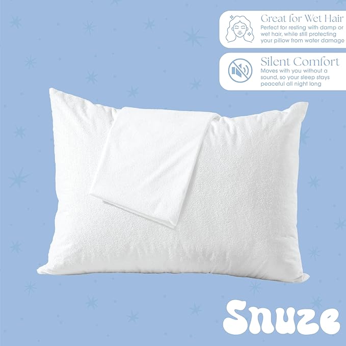 Snuze Terry Pillow Protector 2-Pack Standard/Queen Size (20” x 28”) Waterproof, Zippered, Machine Washable, Hypoallergenic Cover Spill Protection