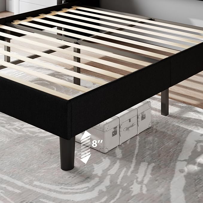 Feonase Full Size Bed Frame with Luxury Wingback and Fast Charging Station,Full Upholstered Button Tufted Storage Headboard Platform Bed,Sturdy Wooden Slats Support,Noise-Free,Easy Assembly,Black