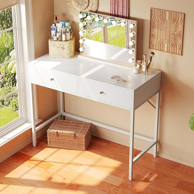 SUPERJARE Vanity Desk with Drawers, 31.5 inch Computer Desk, Modern Simple Home Office Desks, Makeup Dressing Table for Bedroom - White