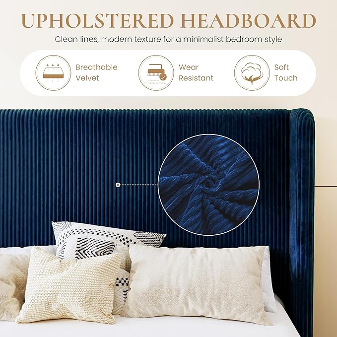 SHA CERLIN King Size Corduroy Upholstered Platform Bed Frame with Vertical Channel Tufted Wingback Headboard, 8" Under Bed Storage, Wooden Slats & Metal Frame Support, Easy Assembly, Dark Blue