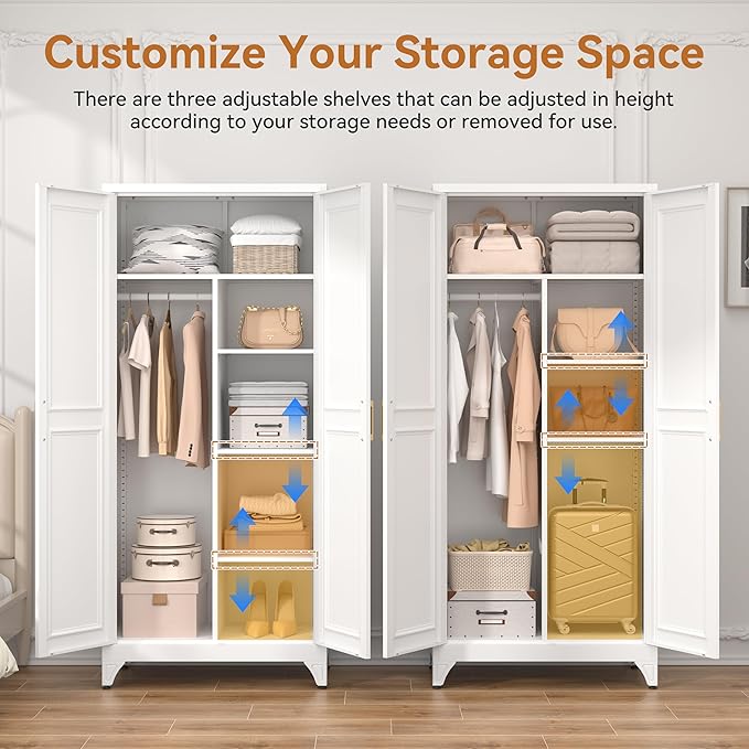Polup Metal Armoire Wardrobe Closet, 71" Tall White Wardrobe Cabinet with 2 Doors, Hanging Rod and Adjustable Shelves, Steel Clothing Storage Cabinet for Bedroom, Home, Employee, Gym, Office