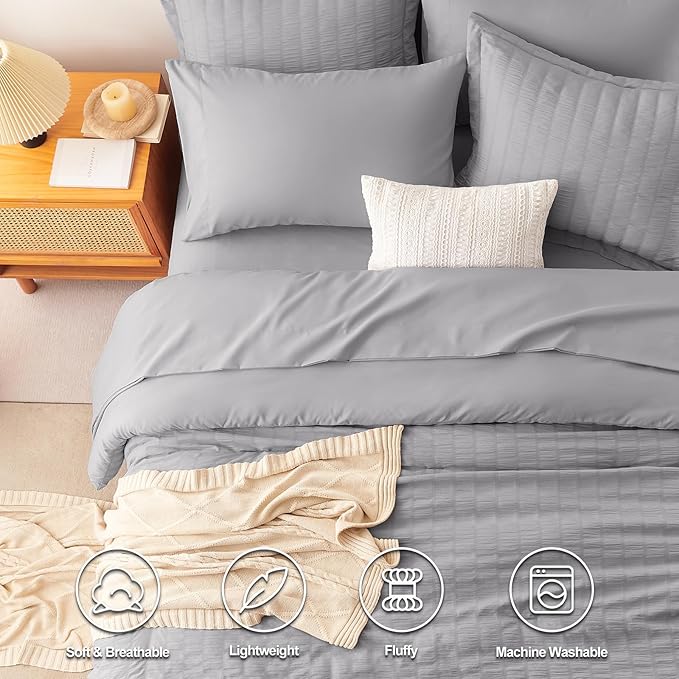 CozyLux Queen Comforter Set Grey Seersucker 7 Pieces Bed in a Bag Queen Comforter Set with Sheets, Gray Luxury Soft Bedding Set with Down Alternative Comforter, Sheets, Pillowcases & Shams All Seasons