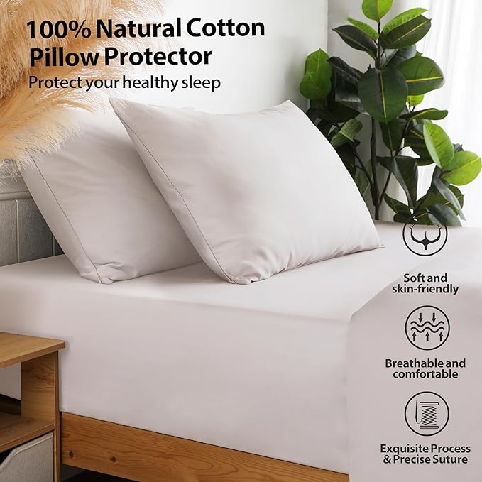 100% Cotton Classic Pillow Protectors with Invisible Zipper, 600 Thread Count Sateen Weave Soft and Breathable Pillow Cases, Protect Pillows from Dirt, Dust and Debris (Queen, 20"x30", Set of 4)