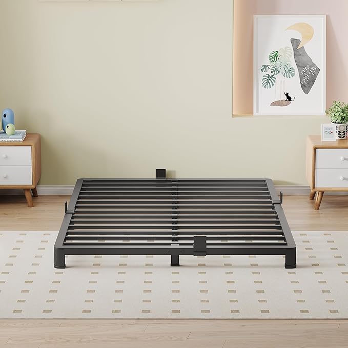 NKZ Queen Platform Bed Frame 4 Inch, Heavy Duty Metal Low Profile Bed Frame with Round Corner Legs, 3500lbs Weight Capacity Reinforced Frame, No Box Spring Needed，Noise-Free, Easy Assembly