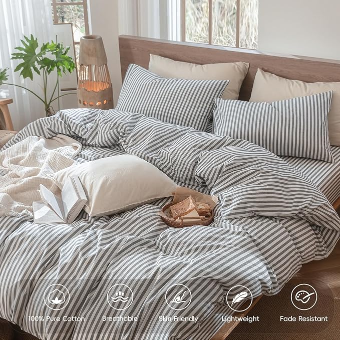 MooMee Striped Duvet Cover Set 100% Washed Cotton Linen Like Textured Breathable Durable Soft Comfy (Dark Grey White Classic Stripes, Full 80"x90")